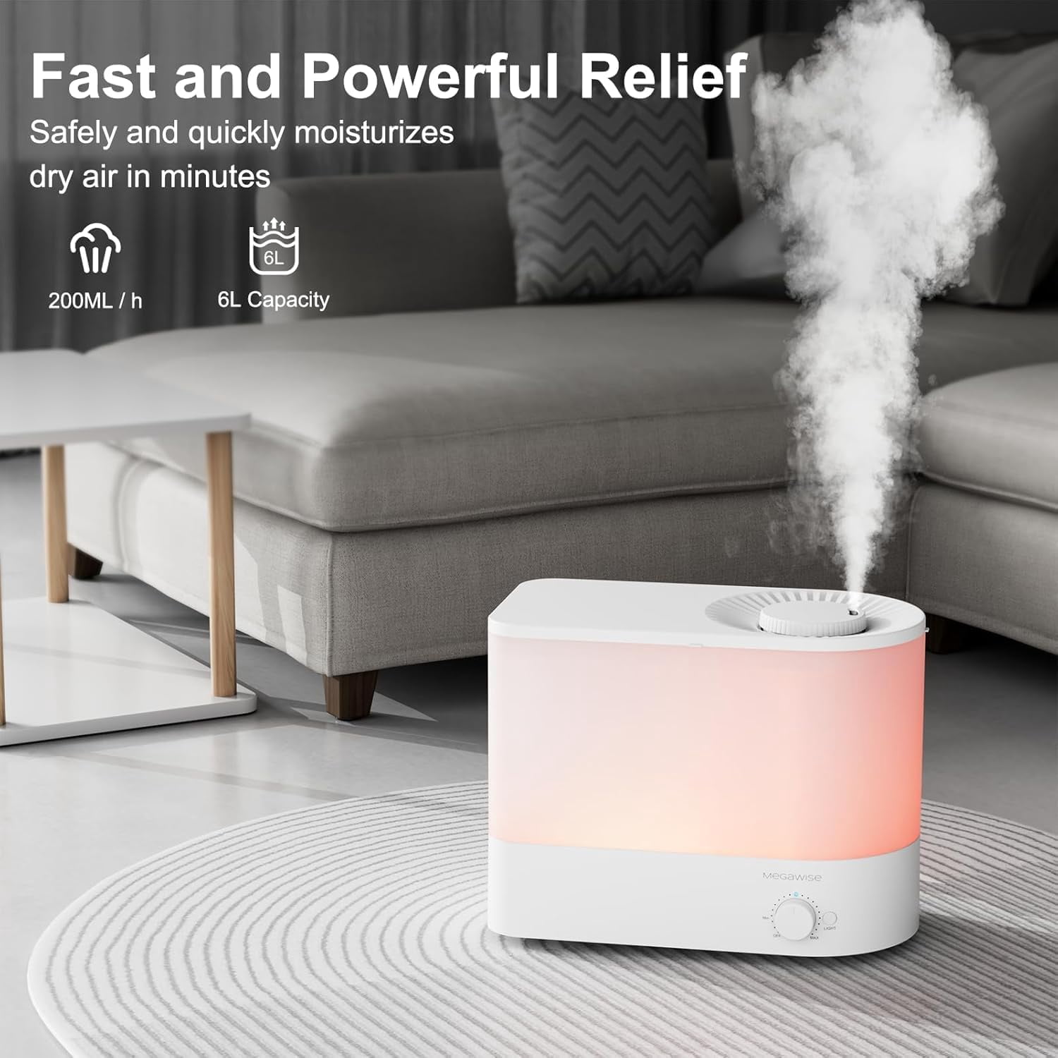 Cool Mist Ultrasonic Humidifier, Adjustable Mist Control, Quiet Operation, With a 6L top-fill and 50-hour runtime(White)