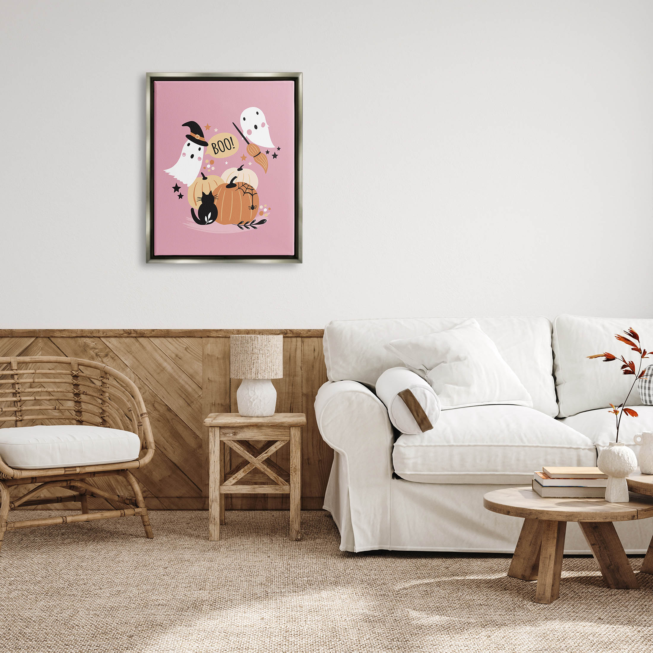 Pink Boo Halloween Ghosts Holiday Graphic Art Luster Gray Framed Art Print Wall Art