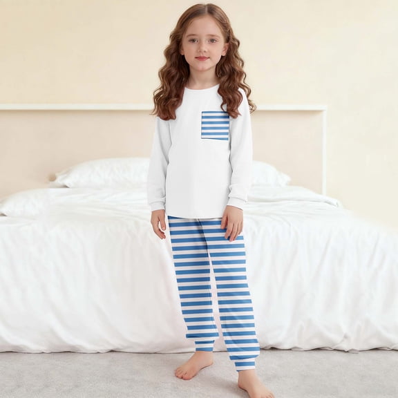 Cethrio Girls 2 Piece Pajama Sets, Crew Neck Long Sleeve Pullover Girls' Sleepwear Loungewear Light Blue Size 7-8