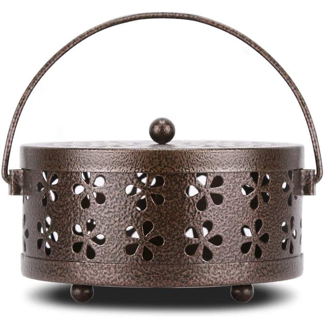 Soporte de bobina para mosquitos de hierro portátil Retro con mango, soporte de incienso redondo ignífugo para el hogar, oficina, Camping (bronce) JM
