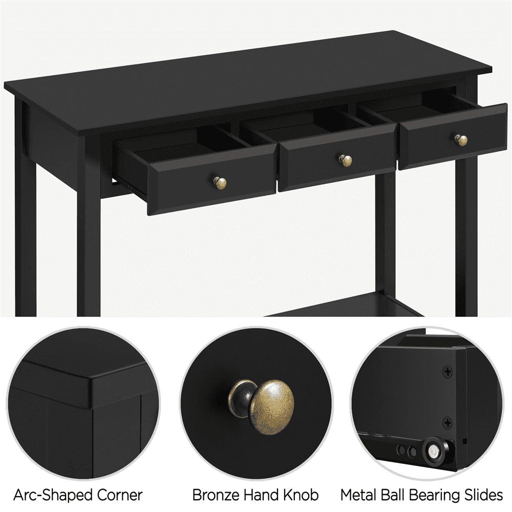 Fullfurnique 3-Drawer Minimal Style Console Table with Pine Wood Legs and Storage Shelf, Black
