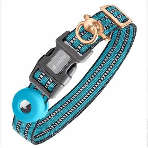 Nylon Striped Dog Collar with AirTag Holder, Aqua, Medium