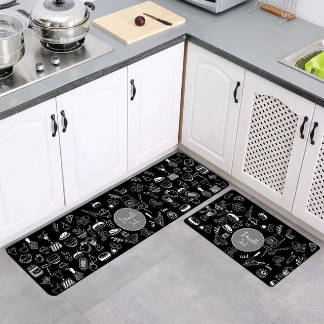 Seenda 2 Pcs Kitchen Rugs and Mats, Cushioned Anti-Fatigue Floor Mat, Non-Slip Kitchen Rug Set for Kitchen, Office, Sink, Laundry (Black 16'x47'+16'x24')