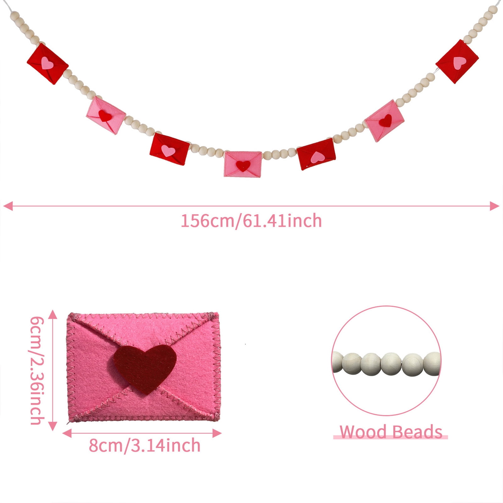 Valentine's Day Banner with Heart Shaped Felt Envelopes and Wooden Pennants, Adjustable Rustic Wall Decor for Valentine's Party and Home Decorations