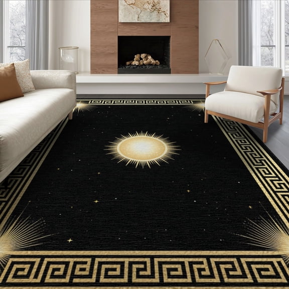 ODIKA 8'x10' Washable Area Rug Greek Glam Key Border Sparkle Sunburst Round Symmetrical Shimmer for King Size Bedroom Under Bed, Master Suite, Non-Shedding, Easy Care