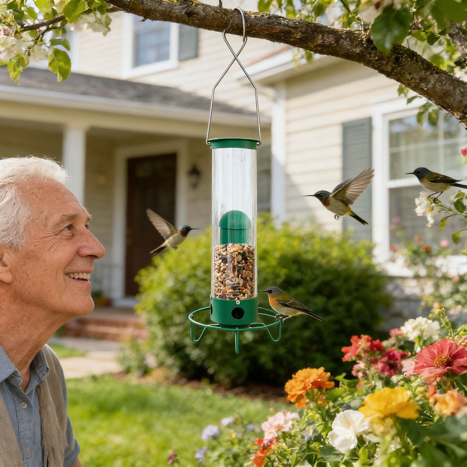 Squirrel Proof Hanging Bird Feeder Sensing Wild Bird Feeder Large Capacity Tube Bird Feeder Ideal for Garden Patio and Backyard Bird Watching