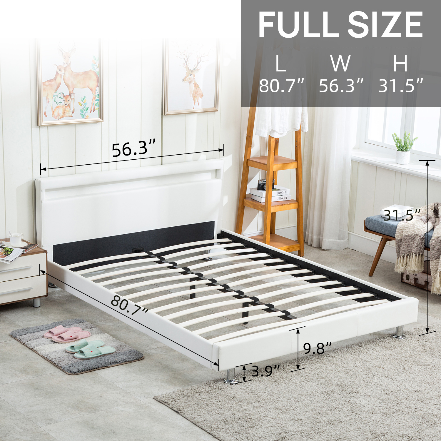 Walsport Queen Size Platform Bed Upholstered Bed Frame Bedroom LED Light Headboard with Color Changing LED Light Slats Bed(White)