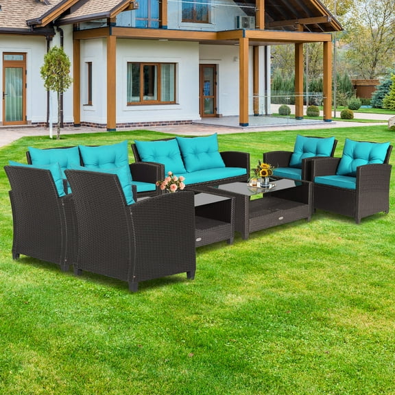 Costway 8 PCS Patio Rattan Furniture Set Glass Table Shelf Sofa Cushion Turquoise