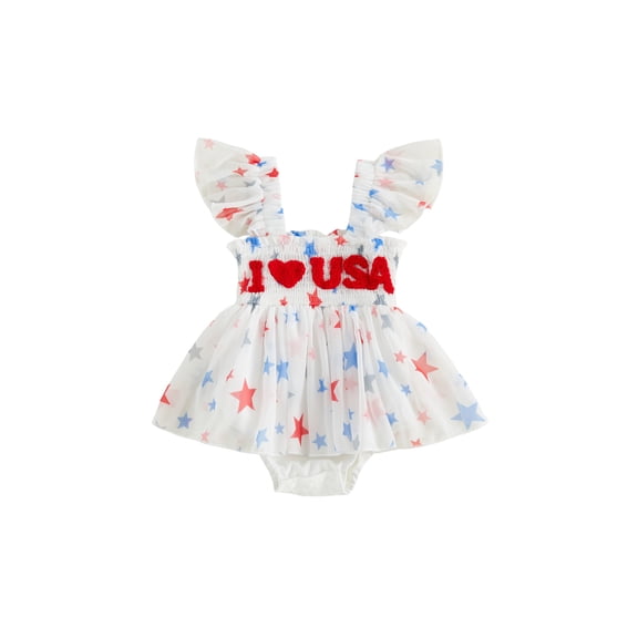 BemeyourBBs Newborn Baby Girl 4th of July Romper Dress Outfit Patriotic Independent Day Summer Smocked Dress Cute I Love USA Letters Embroidery Flying Sleeve Star Print Tulle Tutu Dress Playsuit