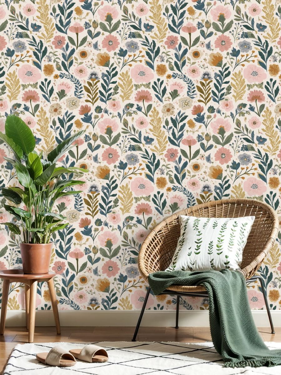 Peel and Stick Wallpaper Botanical Floral Soft Pink Yellow Green Flowers Wall Mural 17.7in x 9.8ft Self Adhesive Removable Wall Paper Renter Friendly Wallpaper for Nursery Bedroom Cabinets