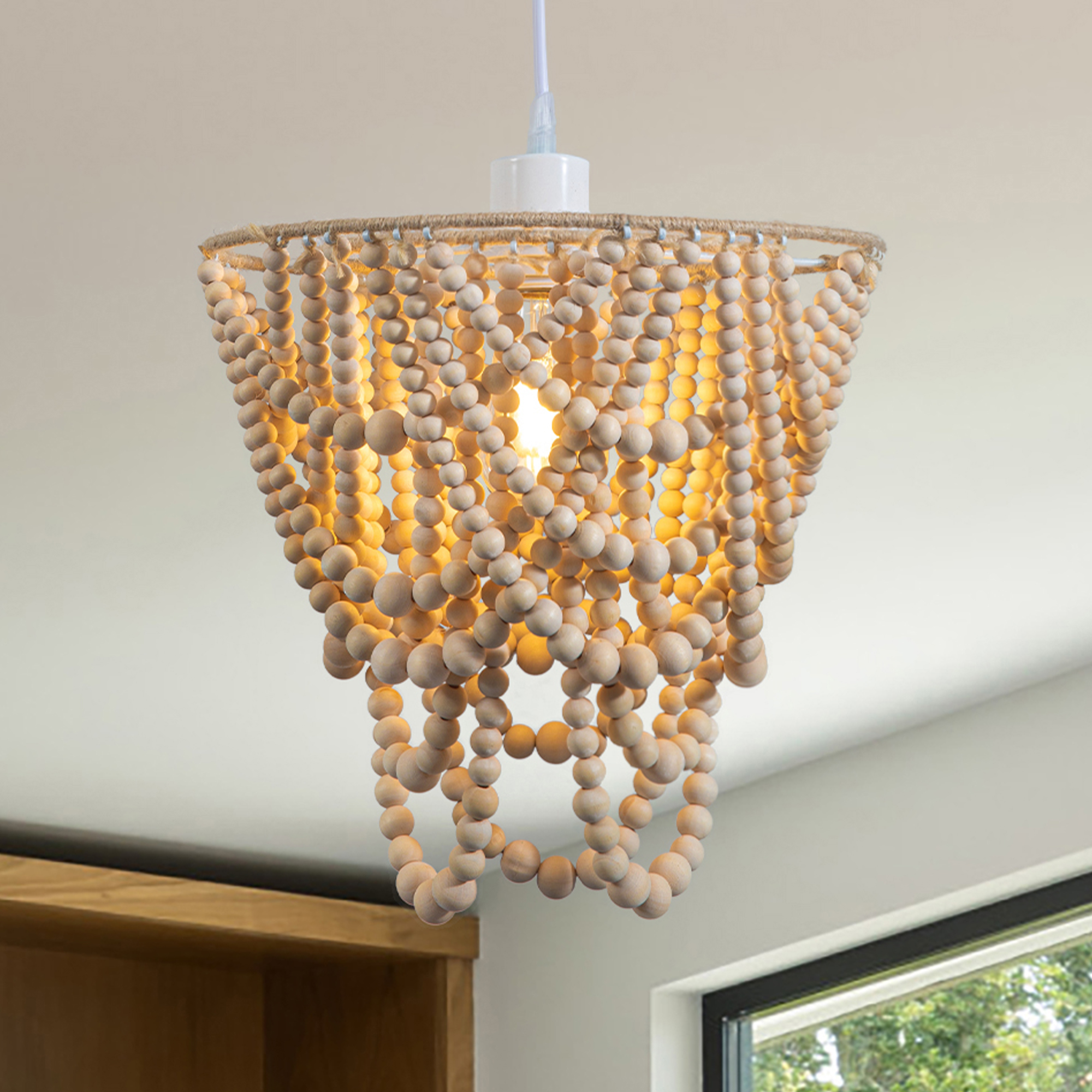Plug in Pendant Lighting 1Light Wood Beaded Chandelier Boho Light Fixtures for Dining Room
