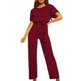 thumbnail image 2 of Ettsollp Women Jumpsuit with Lace-up Belt Wide Leg Short Sleeves Pure Color O Neck High Waist Outfit Casual Formal Long Romper Outfit, 2 of 8