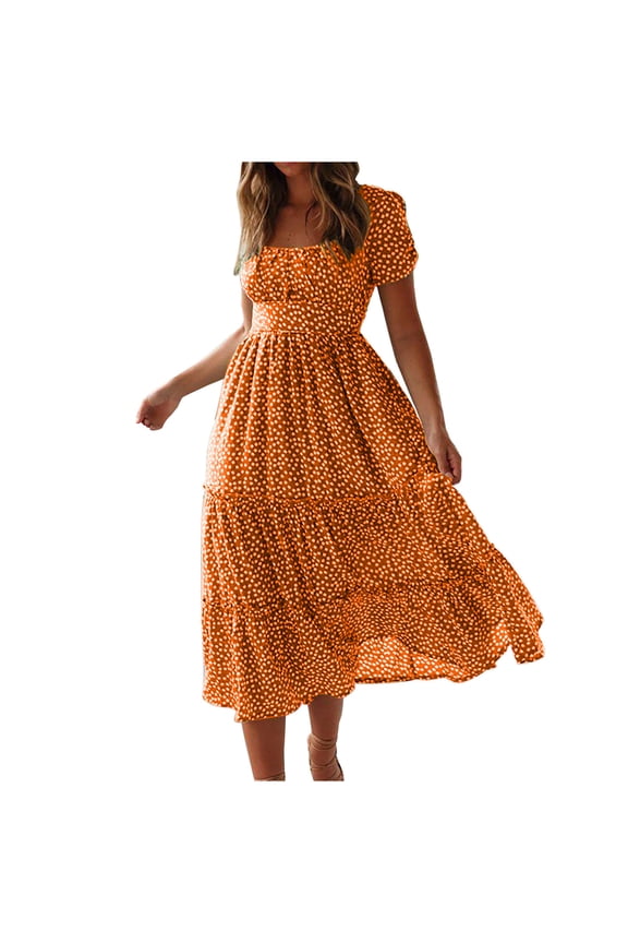 Summer Fall Dresses for Women Short Sleeve Trendy Beach Midi Dress Square Neck Tiered Boho Sundress