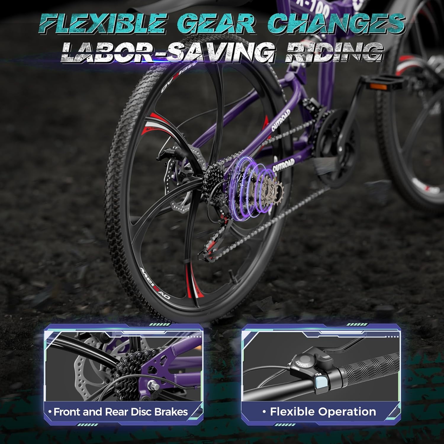 Marknig 26 inch Folding Mountain Bike for Adults, 21 Speed Full Suspension High-Carbon Steel MTB Foldable Bicycle, Dual Disc Brake Non-Slip Folding Bikes for Men or Women, Purple