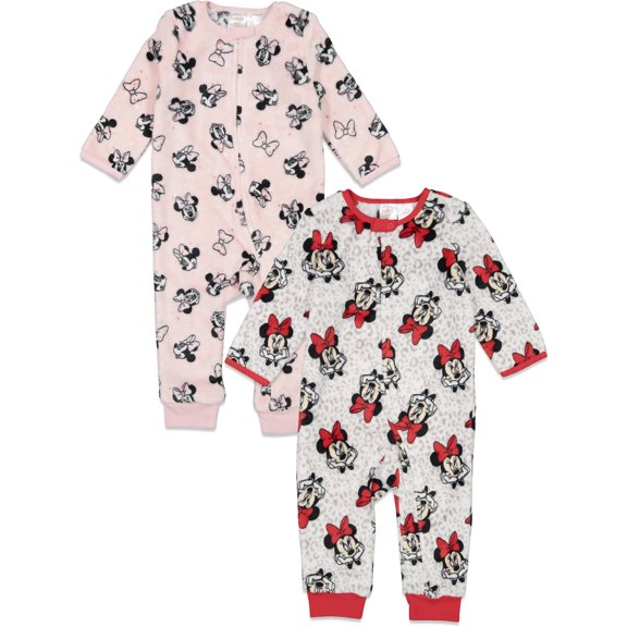 Disney Minnie Mouse Infant Baby Girls Fleece 2 Pack Zip Up Coveralls Pink 18 Months