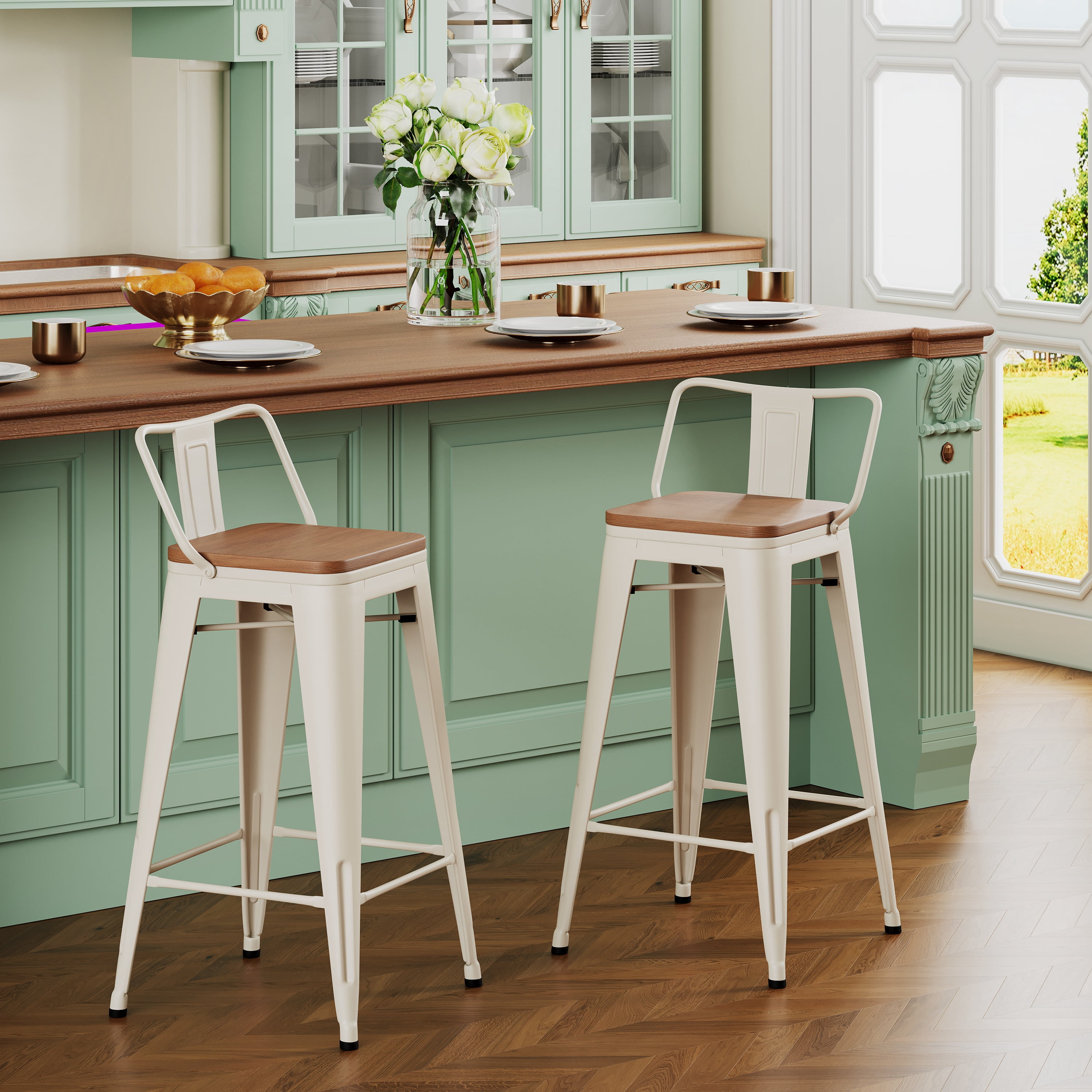 Andeworld 24" Bar Stools with Back Counter Height Stool with Wood Seat Metal Bar Stools, set of 2