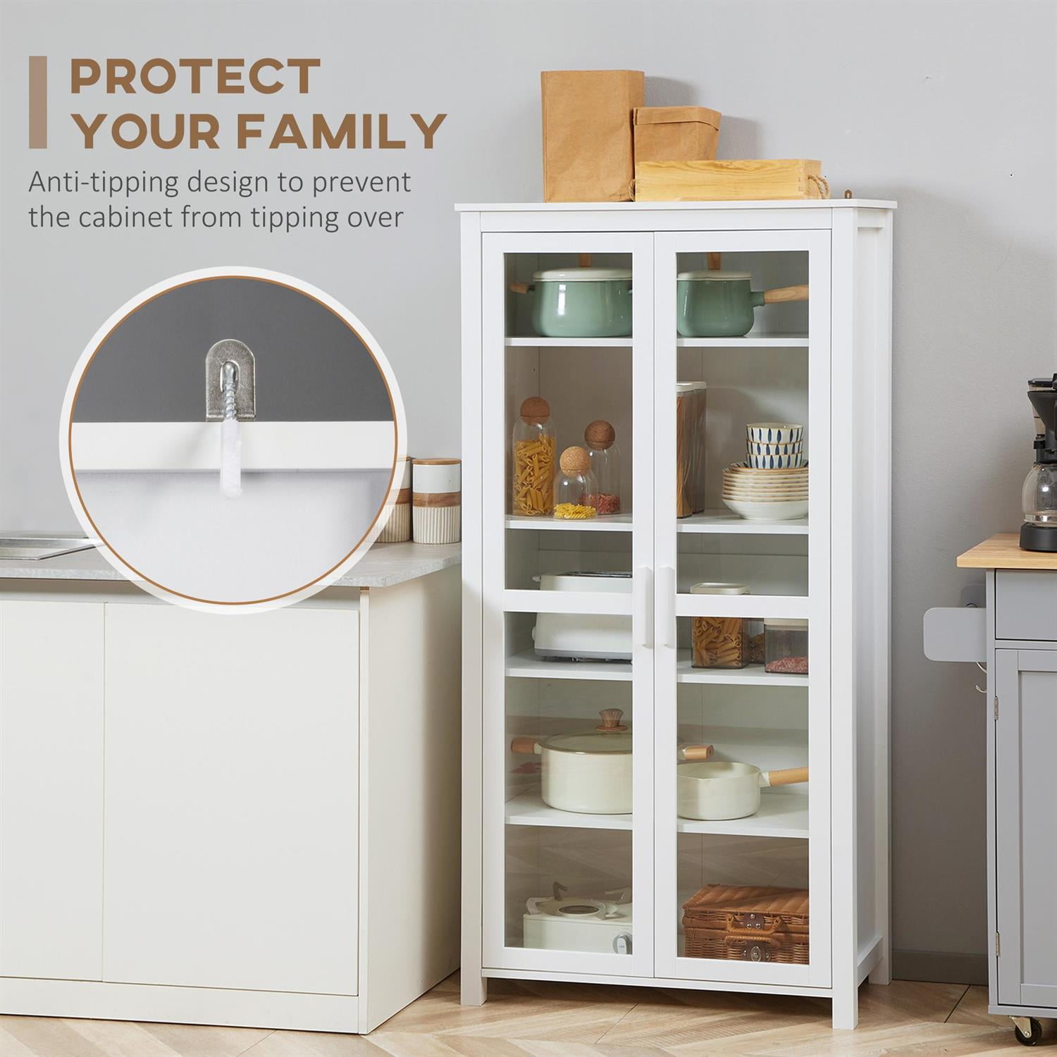 Demi Bonn 63" Freestanding Pantry Cabinet, 2 Glass Doors & Adjustable Shelves, Storage & Display for Dining Room, White