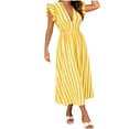 thumbnail image 2 of Ovbmpzd Maxi Summer Dresses for Women 2026 Yellow Tea-Length Striped Peasant Dresses V-Neck Casual Sleeveless Dresses Dresses,S, 2 of 6