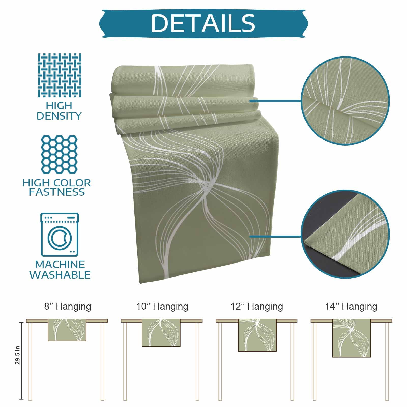 Sage Green Table Runner 36 Inches, Minimalist Abstract Modern White Art Bed Runner Dresser Scarves Tabletop for Indoor Outdoor Parties/Ceremony/Banquet, 13"x 36"