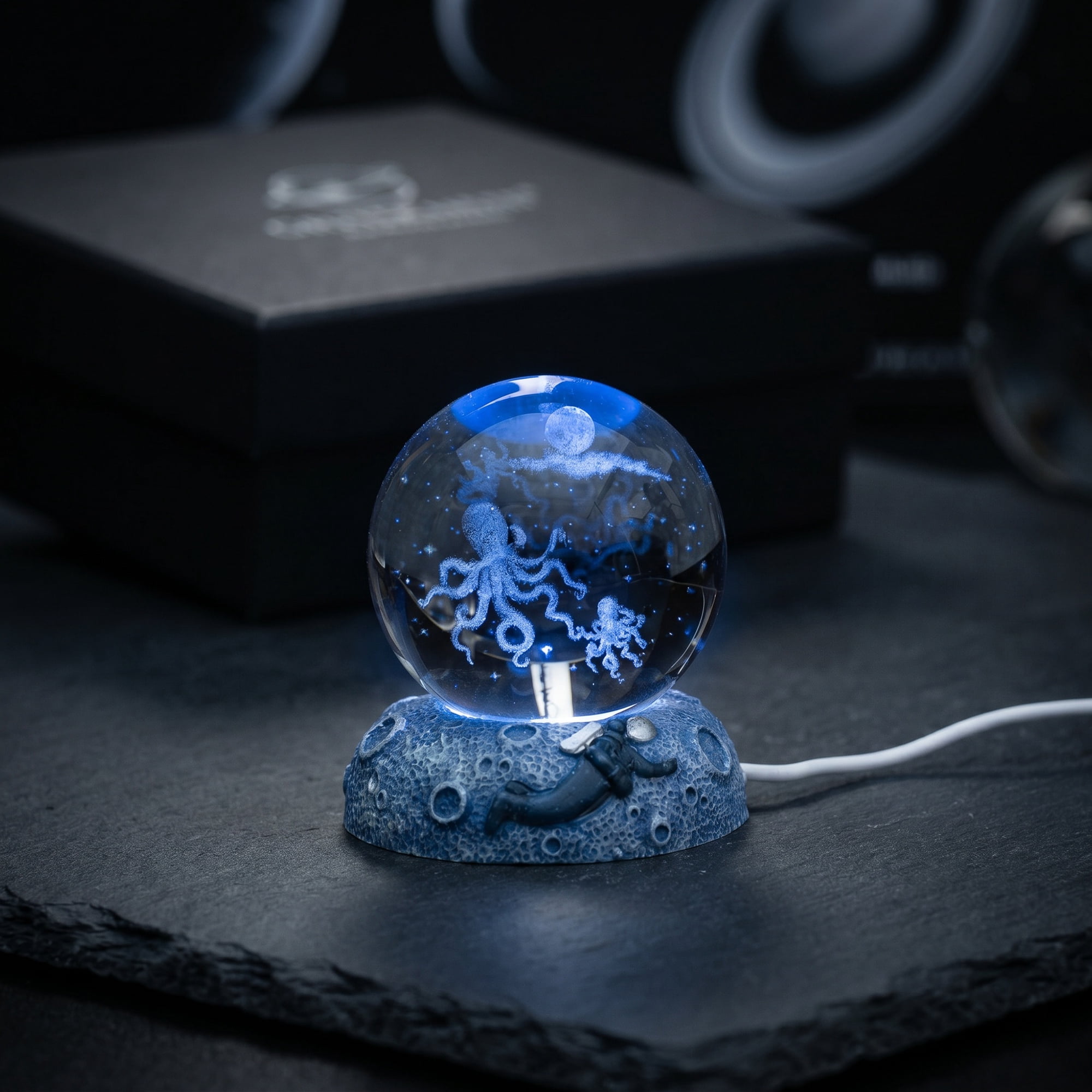 Unique Bargains Glowing Crystal Ball 3D Glass Ornament with LED Light Base Blue Style H