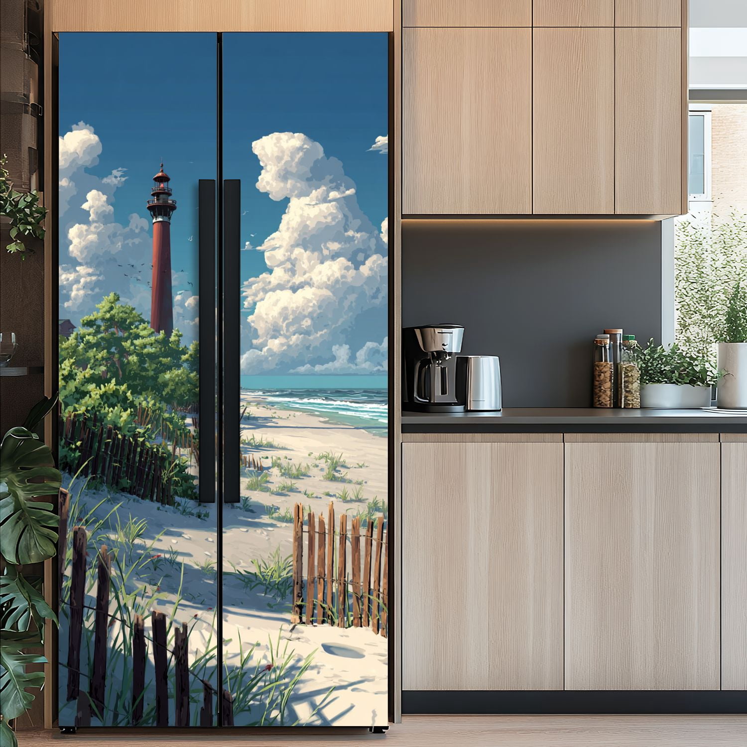 Self Adhesive Vinyl Refrigerator Wrap Set Barnegat Lighthouse sand beach fence New Jersey Door Mural Removable Fridge Sticker Peel and Stick&nbsp;Full Door Cover Decal Kitchen Bar Decor
