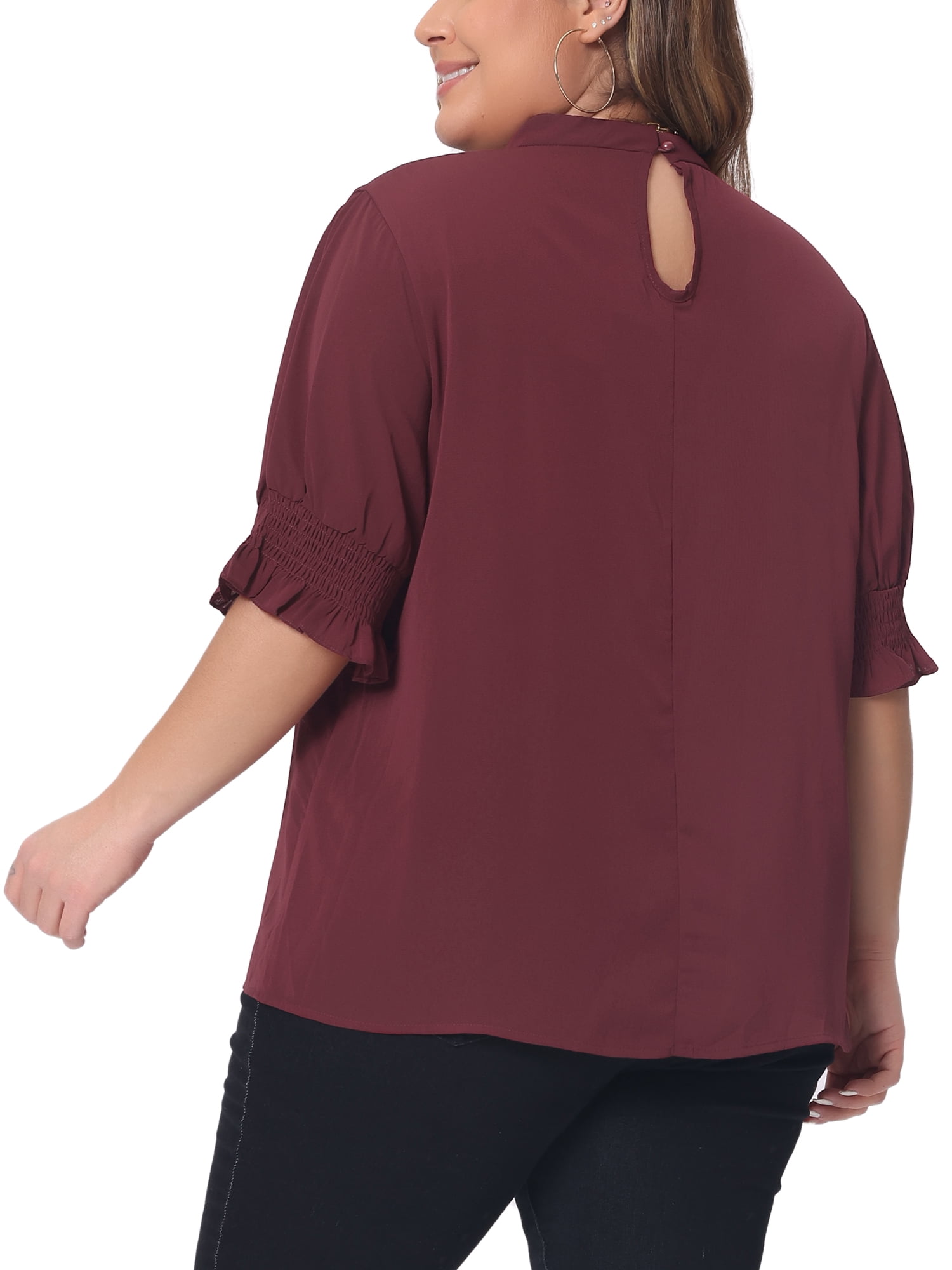 DARING DIVA Women's Plus Office Pleated Short Puff Sleeves Mock Neck Top 4X Burgundy