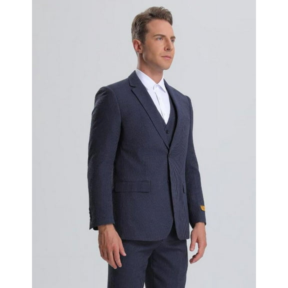 Mens Vested Summer Seersucker Suit in Navy on Navy Pinstripe
