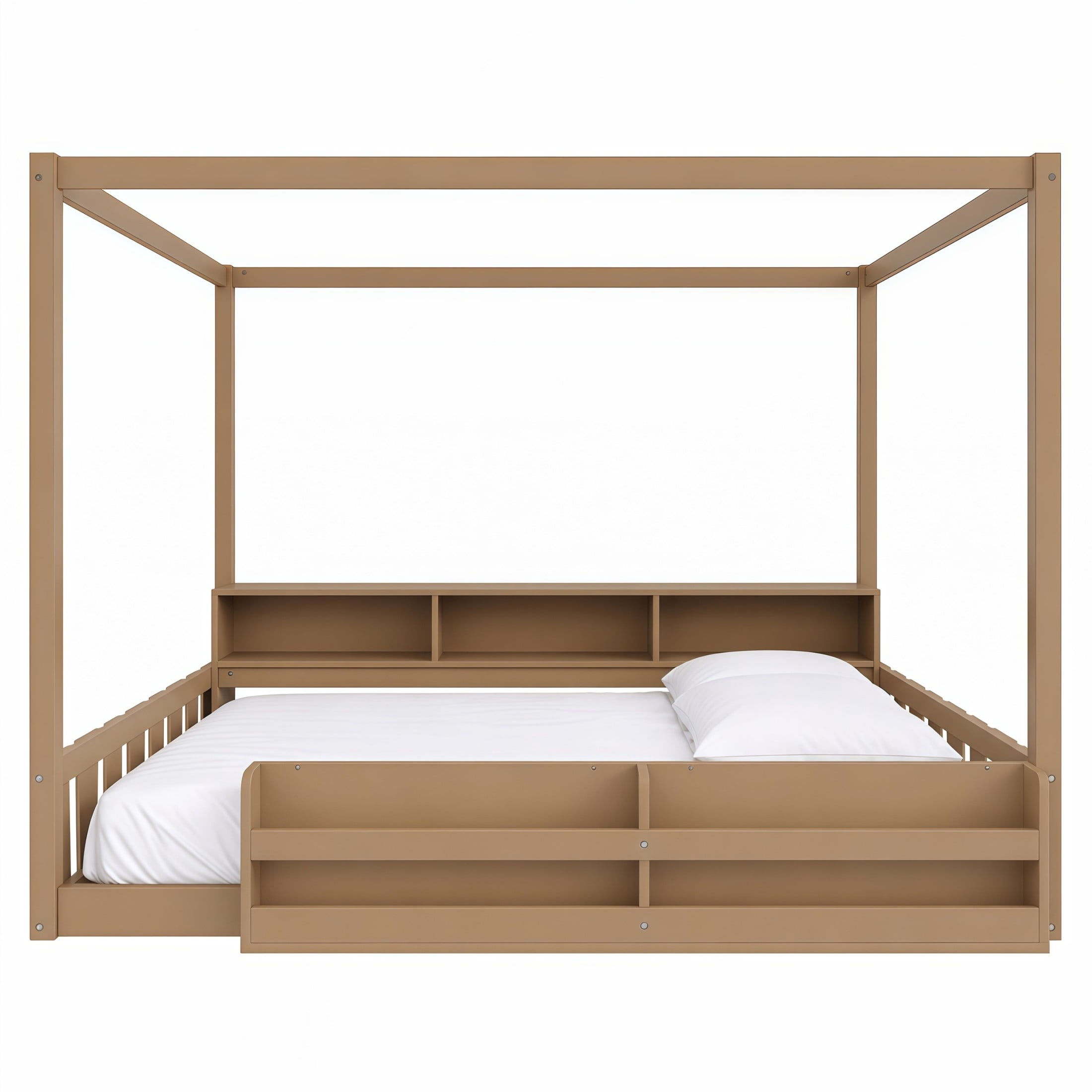 GDF Studio Misol Full Size Montessori Canopy Floor Bed with Storage & Guardrails, Pine Wood Kids Bed Frame, Dark Brown