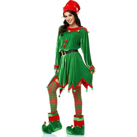 Adults Kids Christmas Elf Cosplay Outfit, Christmas Hat, Boots, Belt, Dress, Elf Ears, Stocking, Women Girls Costume Set 6 Pcs for Party