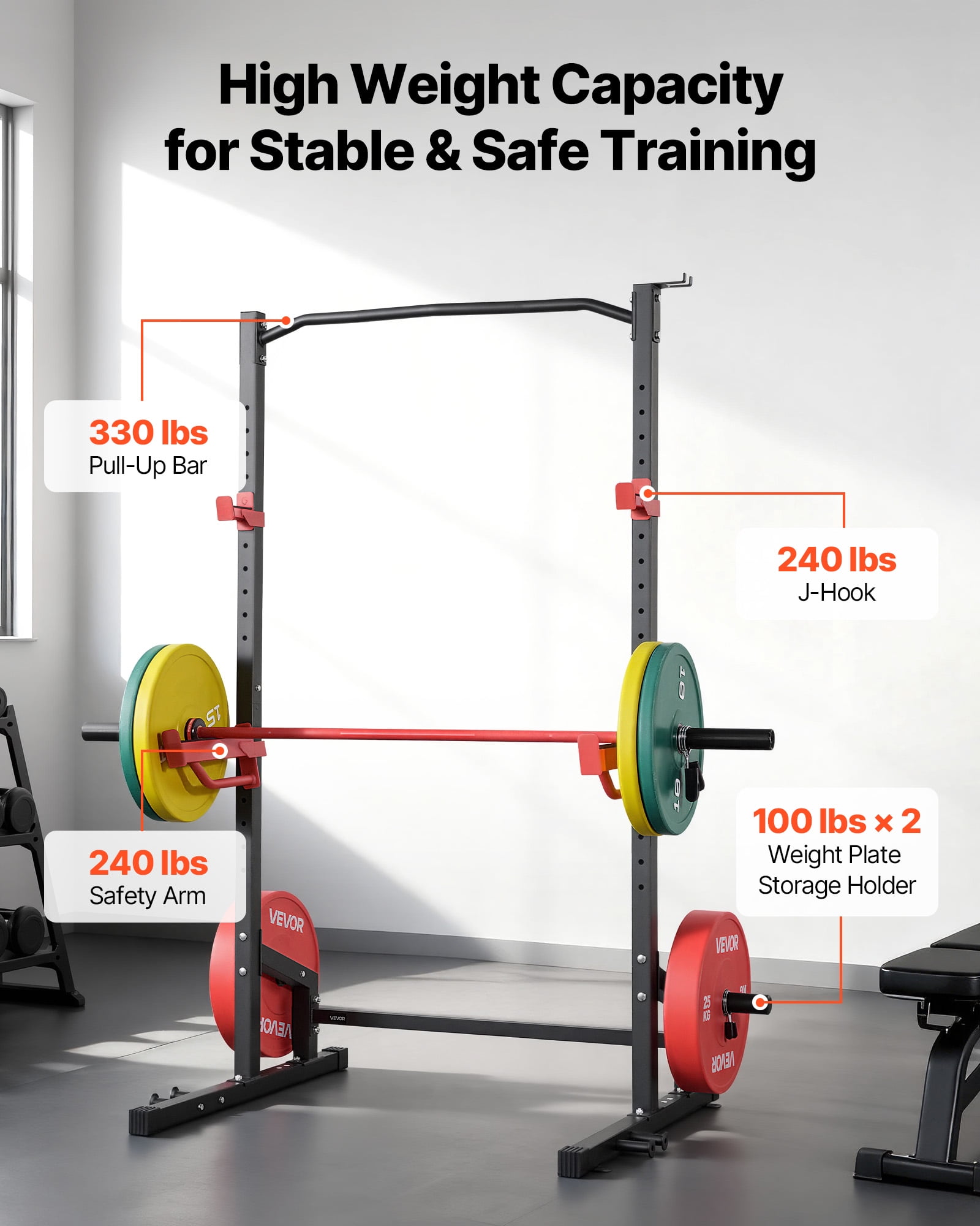 VEVOR Power Cage Squat Rack, Multifunctional Power Rack Home Gym, 1000LBS Strength Training Workout Equipment with 4 Band Pegs, Adjustable J-Hooks & Safety Bars for Barbell Squat Bench Press Pull-Up