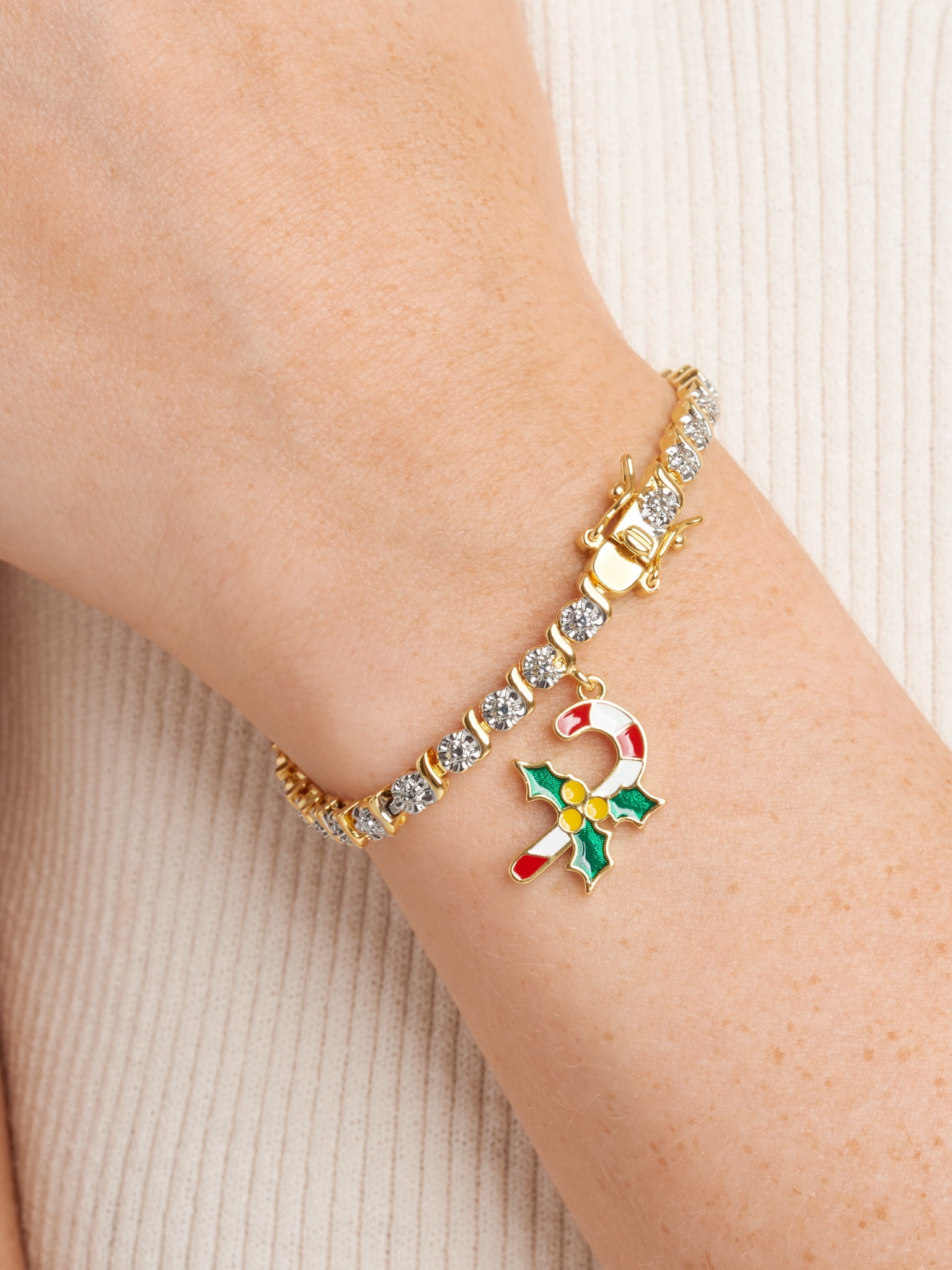 Fine Silver Plated Diamond Accent "S" Link Gold Tone Tennis Bracelet With Enamel Holiday Candy Cane Charm 7.25"