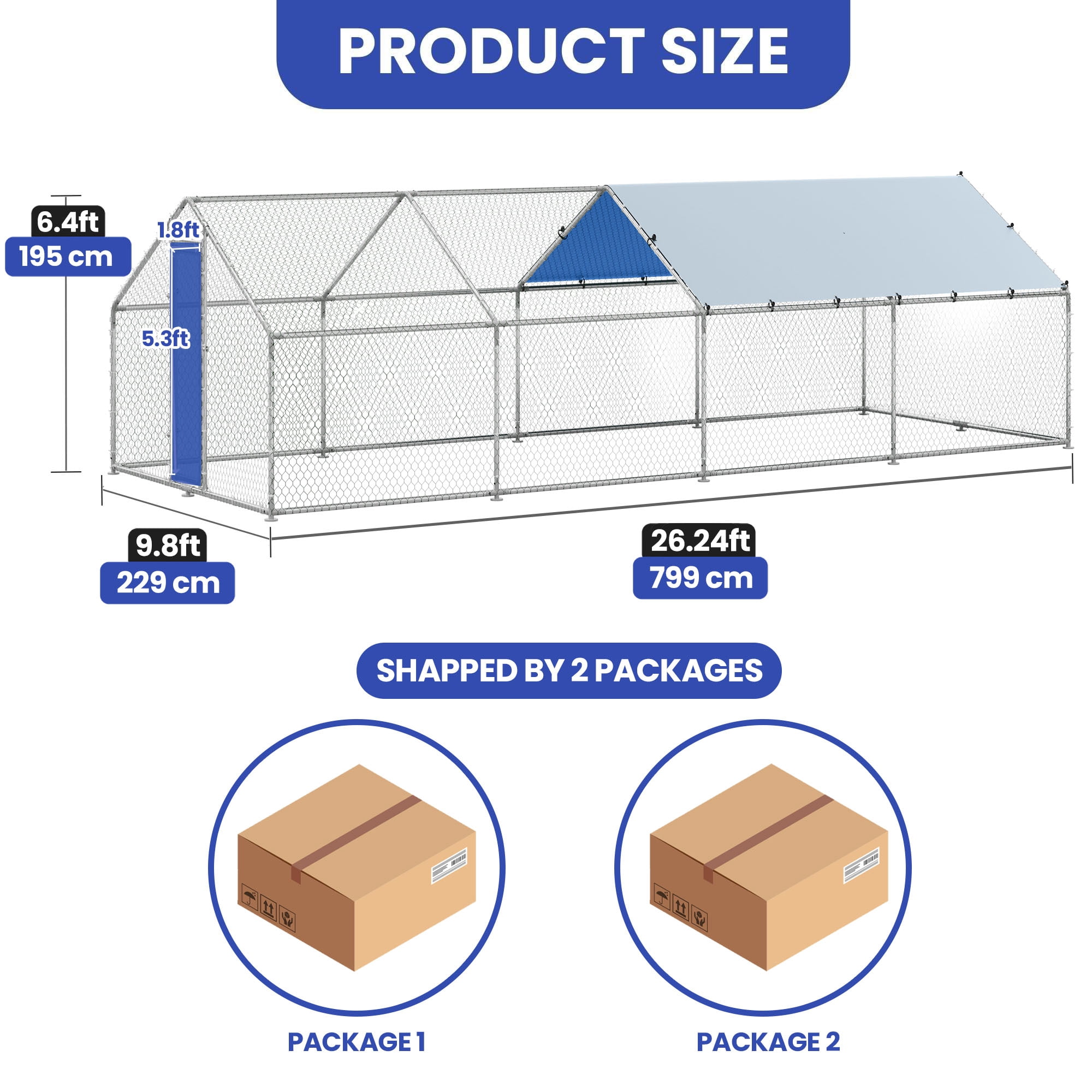 Uforic Chicken Run Coop 26 x 9.8 x 6.4 FT Large Metal Spire Shaped Chicken Coop, Walk-in Hen Cage, Outdoor Poultry Cage with Waterproof Anti-UV proof Cover and Wire Mesh for Backyard,Outdoor Farm Use