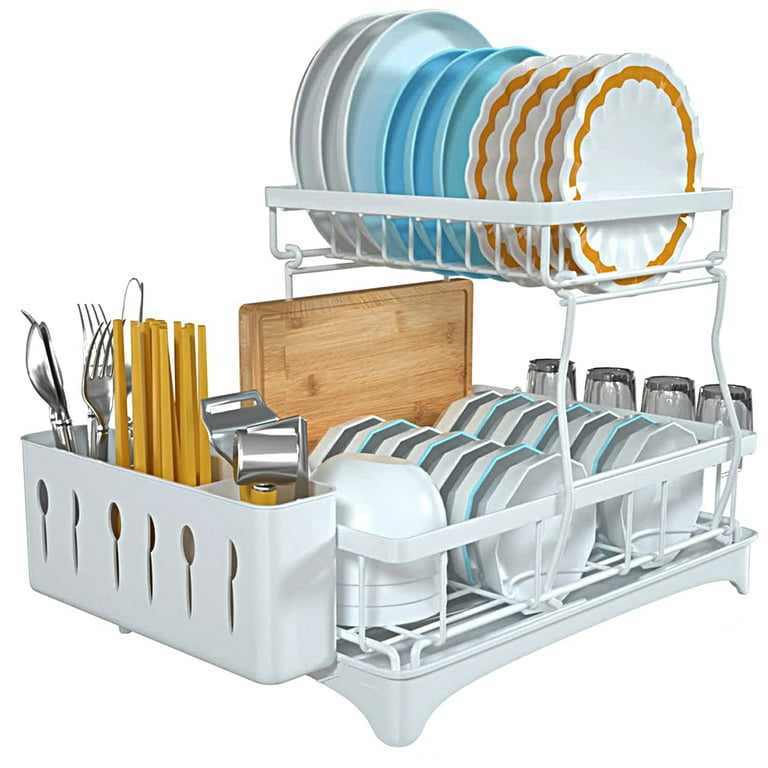 Dish Drying Rack, Lampao 2 Tier Large Dish Rack and Drain Board Set for Kitchen Counter, Black, Size: 36x24.5x37.5cm