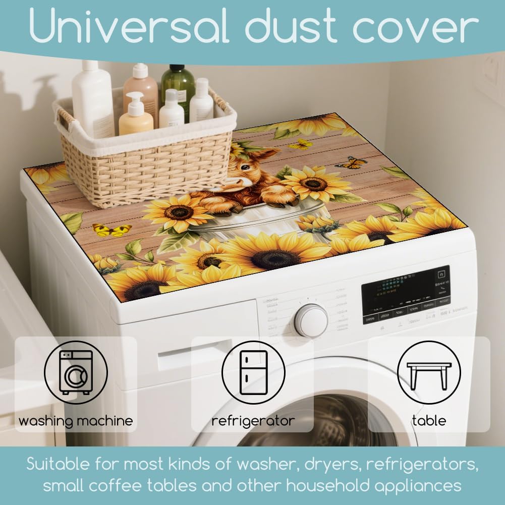 Highland Cattle Washer Dryer Dust Cover 23.6×19.7inch Sunflowers Cute Calf Washing Machine Top Protector Pads Non Slip Washing Machine Top Covers for Laundry Room Living Room Desk Colorful
