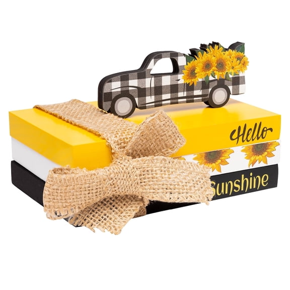 2ooya Wooden Book Ornament Set Faux Books with Sunshine, Sunflower and Car for Home Decor, 3 Pack