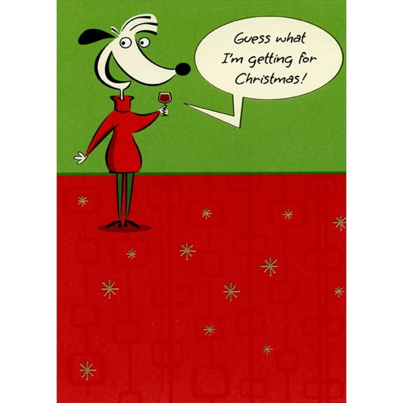 Designer Greetings Guess What: Dog in Red Sweater Holding Wine Glass Funny / Humorous Christmas Card