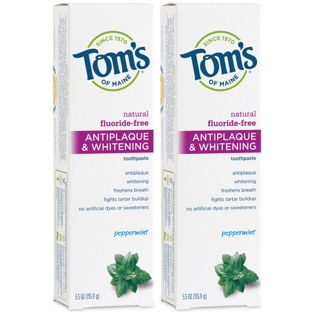 Tom S Of Maine Antiplaque Whitening Fluoride Free Natural Toothpaste Peppermint 5 5oz 2 Pack Walmart Com Walmart Com