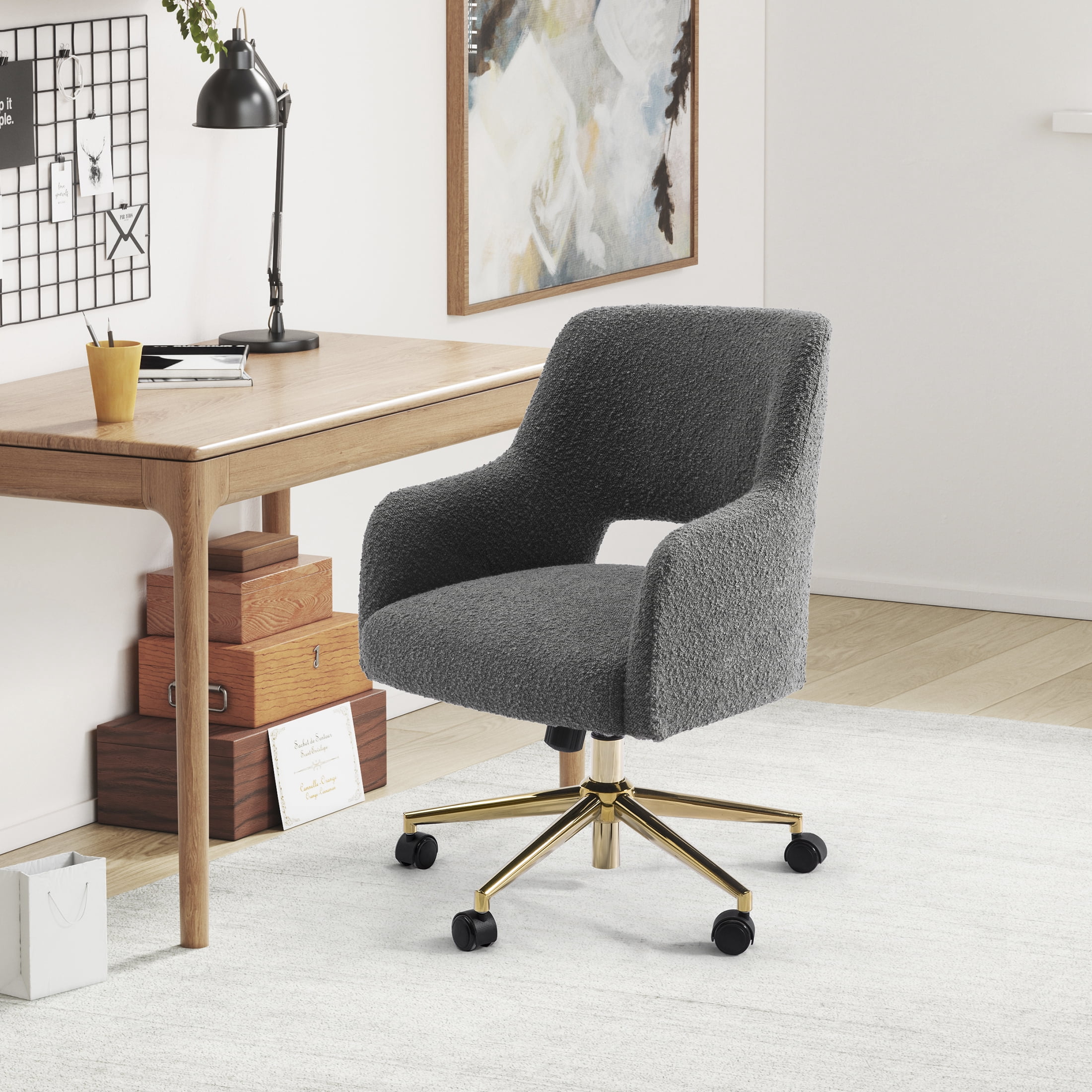 Modern Water and Stain Resistant Boucle Fabric Upholstered Rolling Task Chair Height Adjustable Swivel Vanity Chair, Gray