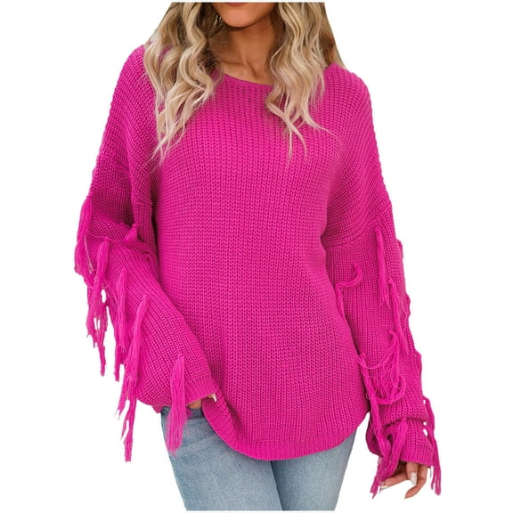 Womens Solid Color Crew Neck Sweaters Long Sleeve Knit Fringe Pullover Sweater Blouse Jumper Tops