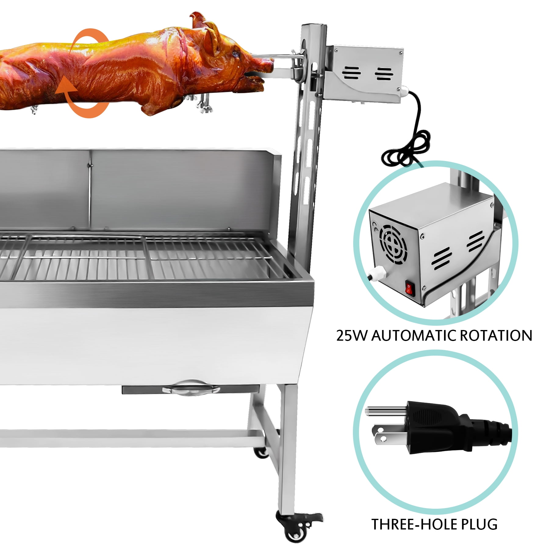 RIGMEC 25W Electric Grill, 132Lbs Stainless Steel Rotisserie, Portable Roasting Machine with Wheels, Motor & Wind Baffle for Pig, Chicken and Lamb Barbecue