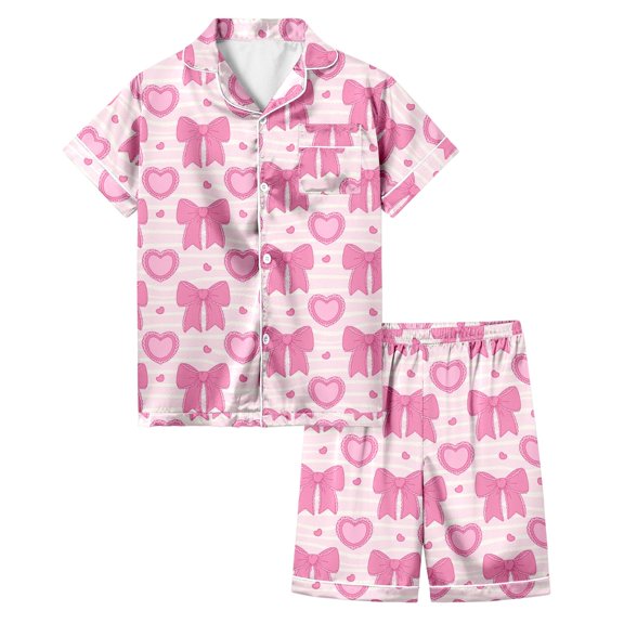 HCYSFG Girls Heart And Bow Print Outfit Sets 2 Piece Button Front Shirt And Shorts Lounge Set Notch Neck Short Sleeve Contrast Piping Matching Sets