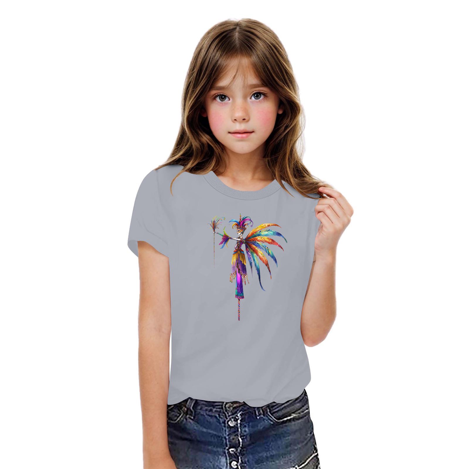 Amidoa Cute Girls Short Sleeve Crewneck Graphic Tees T-shirt Summer Casual Cotton Top Gray 5 Years