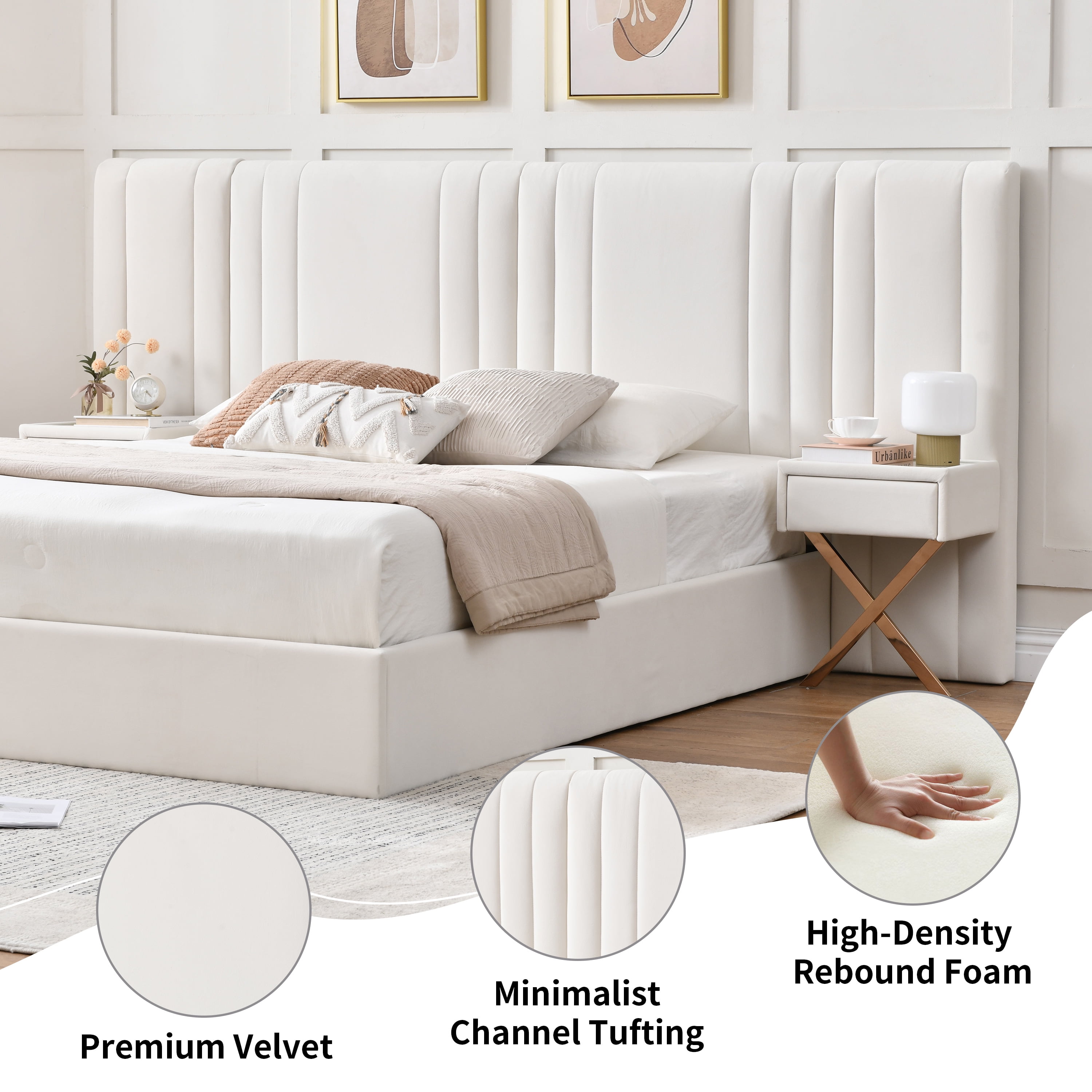 Queen Upholstered lift up Storage Bed Frame with Oversized Headboard, Built-in Nightstands and Wood Slat Support, No Box Spring Needed, Cream