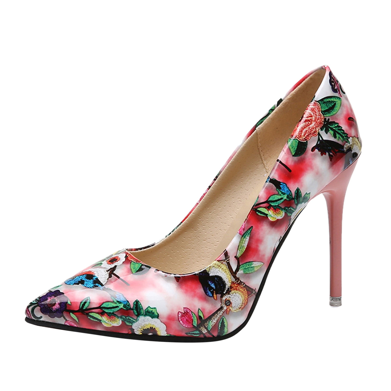 Fashionable Versatile Pink Floral Printed Pointy Toe Women's Flat Shoes