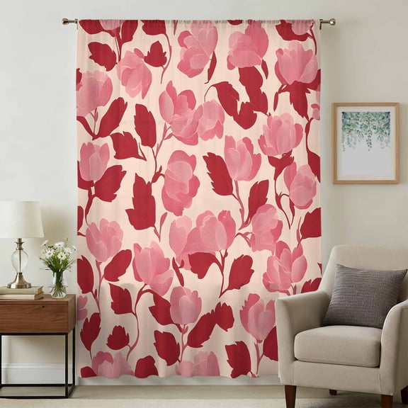 Red Pink Floral Spring Sheer Curtains 84 Inches Long, Blooming Botanical Garden Light Filering Curtains, Breathable Simi Curtain Privacy Drapes for Living Room Bedroom Lightweight Window Treatment