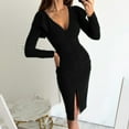 thumbnail image 2 of IROINNID Rollbacks Fall Dress for Women Semi Formal Evenning Party Bodycon Dress V Neck Solid Color Long Sleeve Long Dress Slim Evening Dress,Black, 2 of 9