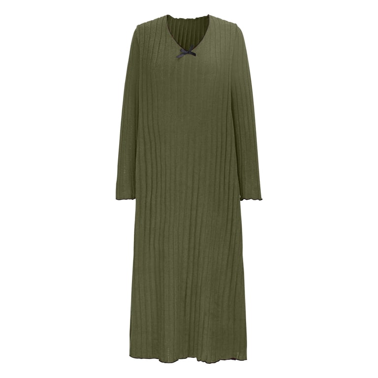 tie waist long sleeve knit midi dress Green Knit Long Sleeve Round Neck Tie Waist Midi Dress