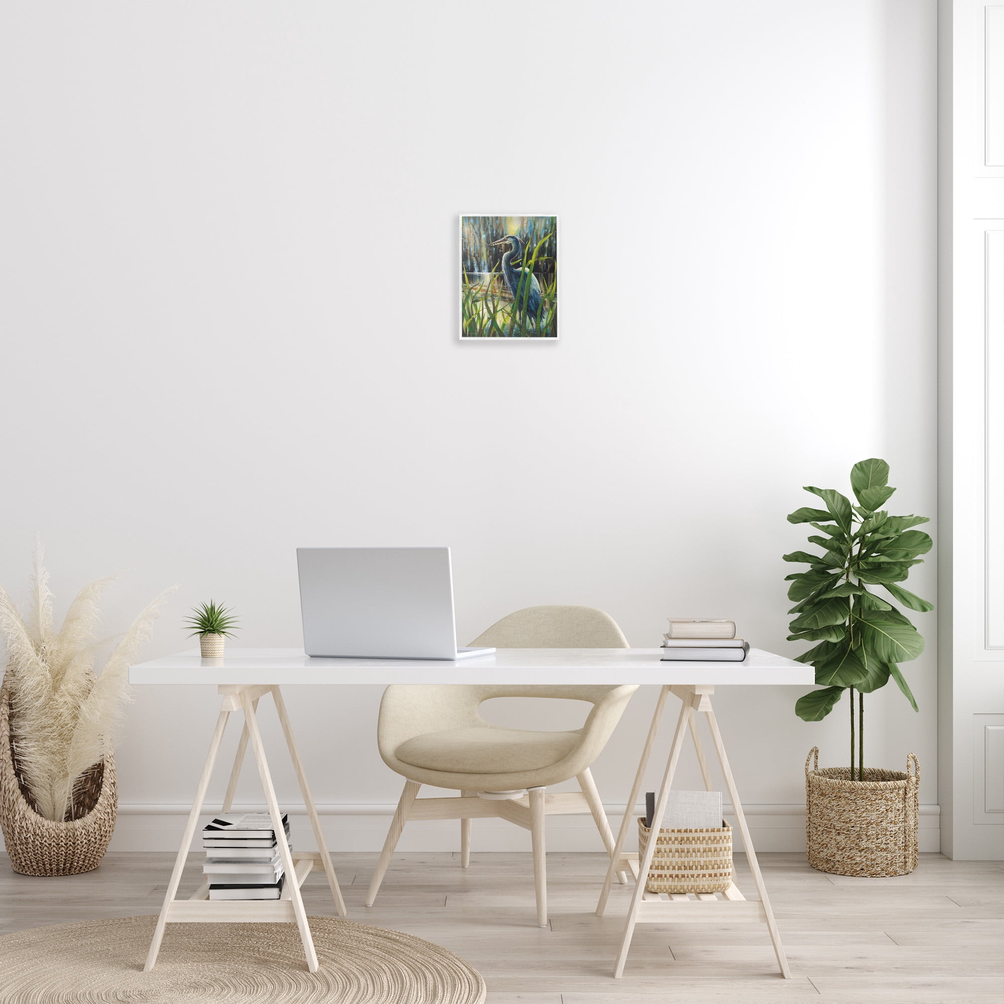 Stupell Industries Heron Between Pond Reeds Animals & Insects Painting White Framed Art Print Wall Art, 11 x 14