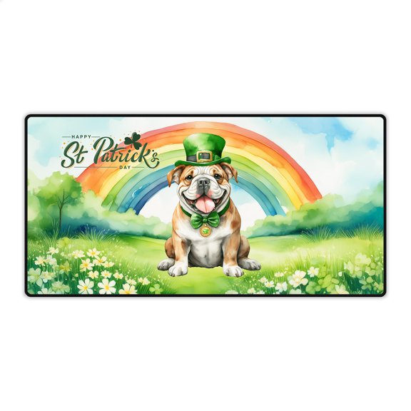 Happy St. Patrick’s Day Bulldog with Green Hat Shamrocks Rainbow Desk Mat Full Keyboard Mouse Pad Dog Lover Gifts Idea Large Mousepad - 03007