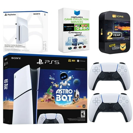 Sony PlayStation 5 Astro Bot Slim Digital Bundle with Disc Drive, Extra Controller, MightySkins Game Collection Services and 2 Year Extended Warranty - Glacier White
